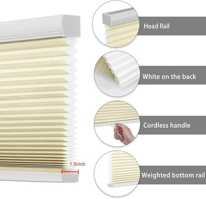 Changshade Custom Size Cellular Window Blinds Cordless, Light Filtering Pleated Honeycomb Shades, 1.5 inch Single Cell Cellular Shades for Bedroom, Bathroom, French Door, Beige, JZCMC-CEL-BG-D