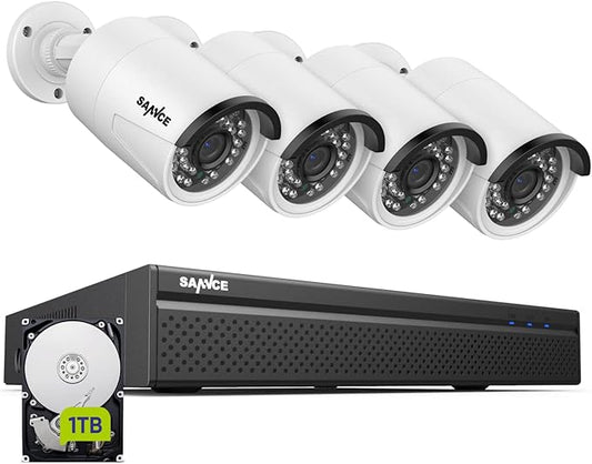 SANNCE 8CH 4K PoE Security Camera System - 8CH 8MP NVR Security System with 4pcs Wired 3MP Bullet Surveillance Cameras with 1TB HDD for 24/7 Recording, Smart Playback, Instant Email Alert with Images