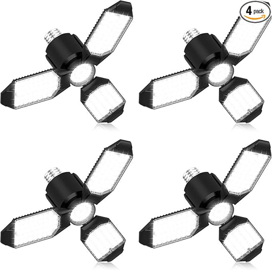 toberich LED Garage Light Bulbs 4 Pack, 8000LM Shop Lights with 3+1 Deformable Panels, 6500K Screw in Ceiling Lights Bay Lighting for Garage, Workshop, Workbench, Basement
