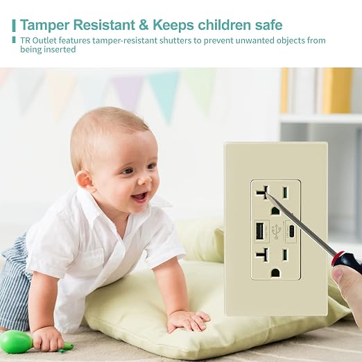 Micmi USB Outlet C + A, Light Almond Wall Dual High Speed Receptacle 4.8A Fast Charging Capability, 20Amp 125Volt, Tamper Resistant w/Wall Plate UL Listed (2Pack, Ivory, 20 Amp Outlet)
