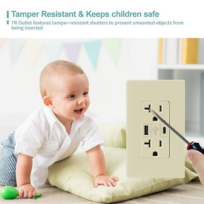 Ivory Outlet with USB C High Speed Charger Type C 4.8A Charging Capability, Child Proof Safety Receptacle 20 Amp, Tamper Resistant w/Wall Plate UL Listed MICMI (USB C Outlet 20Amp Ivory 10pack)