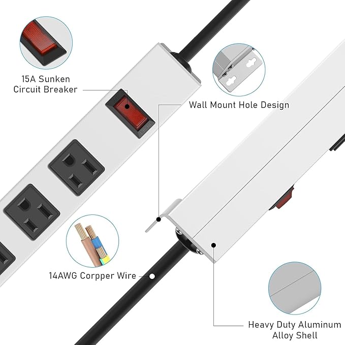 JUNNUJ Metal 12 Outlet Power Strip, Mountable Heavy Duty Power Strip, 1200J Surge Protector Wall Mount Screws Outlet with Switch, Gaming Desk Strips Wide Spaced 15A 125V 1875W, 3 FT 14AWG Power Cord