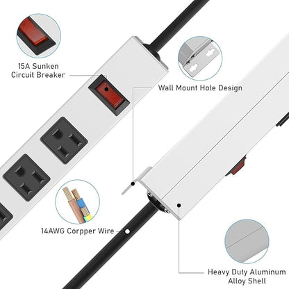 JUNNUJ Metal 12 Outlet Power Strip, Mountable Heavy Duty Power Strip, 1200J Surge Protector Wall Mount Screws Outlet with Switch, Gaming Desk Strips Wide Spaced 15A 125V 1875W, 3 FT 14AWG Power Cord
