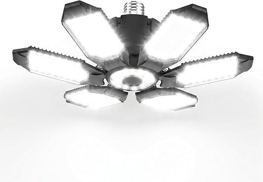 BRAINIAC LED Garage Light Bulb 150W 15000LM Deformable Garage Lights Ceiling led with 6 Adjustable Panels, E26/E27 Screw in Shop Lights for Basement Barn Porch
