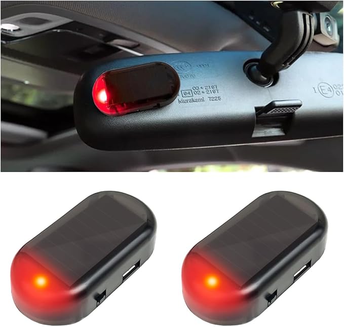 Car Solar Power Simulated Dummy Alarm, Car Alarm Warning Light Fake Lamp with USB Charger Port, Anti-Theft LED Flashing Security Light Car Accessories for Most Cars (Red, 2PCS)