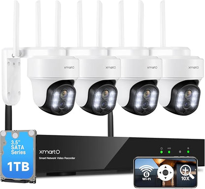 XMARTO 10X Zoom Mesh WiFi6 PTZ AI Tracking Security Camera System, 4-Cam 2K Dual Lens Kit, 10CH 4K Expandable NVR 1TB HDD, Long Range WiFi, Plug-in 24/7 Wireless Indoor/Outdoor Surveillance