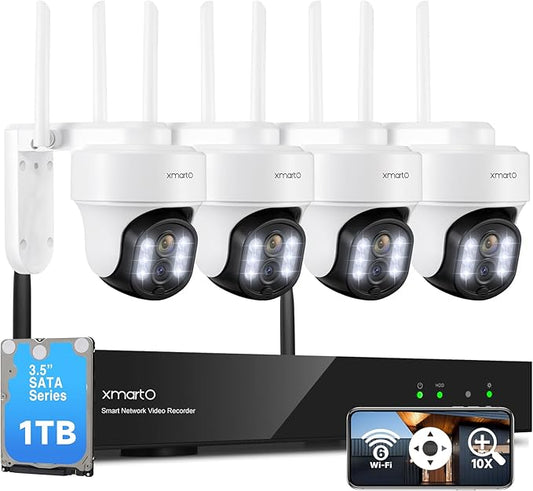 XMARTO 10X Zoom Mesh WiFi6 PTZ AI Tracking Security Camera System, 4-Cam 2K Dual Lens Kit, 10CH 4K Expandable NVR 1TB HDD, Long Range WiFi, Plug-in 24/7 Wireless Indoor/Outdoor Surveillance