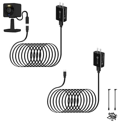 2-Pack 30ft Power Cable for Wyze Cam v4,Wyze Cam Pan v3,Wyze OG,Wyze Cam v3 Pro Security Cameras - 9m Long Flat Extension Micro USB Charging Cord with L-Shaped Short Adapter & 18W Fast Charger, Black