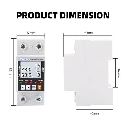 WiFi Smart Energy Meter AC 63A 80-300V WiFi Smart Earth Leakage Over Under Voltage Protector Relay Device Switch Breaker Energy Power kWh Meter Smart Life 110V,Compatible with Alexa Google Home