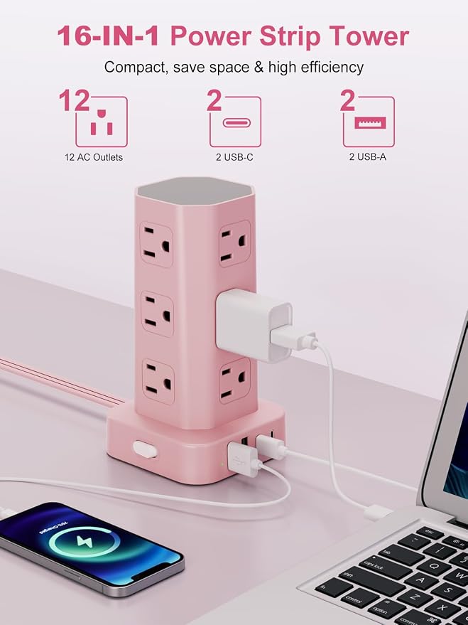 Power Strip Tower Surge Protector, 6FT Flat Plug Extension Cord with Multiple Outlets, 12 AC Outlets 4 USB (2 USB C), Desktop Charging Station with Surge Protection for Home Office Dorm Room, Pink