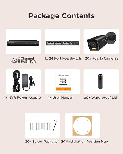 32 Channel Security Camera System 4K, 20x 8MP PoE IP Bullet Cameras, Smart Dual Light Color Night Vision, 2 Way Audio, AI Human Vehicle Detection, Remote Access, 32CH NVR 8TB HDD, PB65B2032-8MD