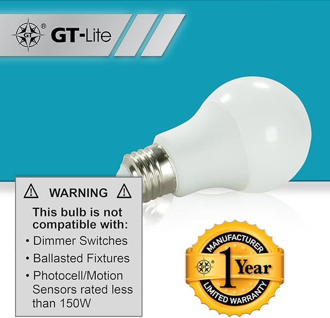 GT-Lite 10 Pack Soft White LED Light Bulbs, 60W Equivalent,9 watts 3000K, A19 Shape, E26 Medium Base,Standard Household Llightbulb for Lamps, Living Room, Bedrooms