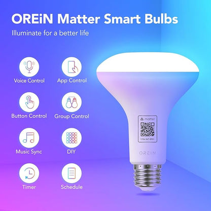 OREiN Matter BR30 Smart Light Bulbs, 650LM 60W Equivalent Recessed Flood Light Bulb, RGBTW Color Changing, Smart Flood Light Bulb Compatible with Alexa, Apple Home, Google Home, SmartThings, 4 Pack