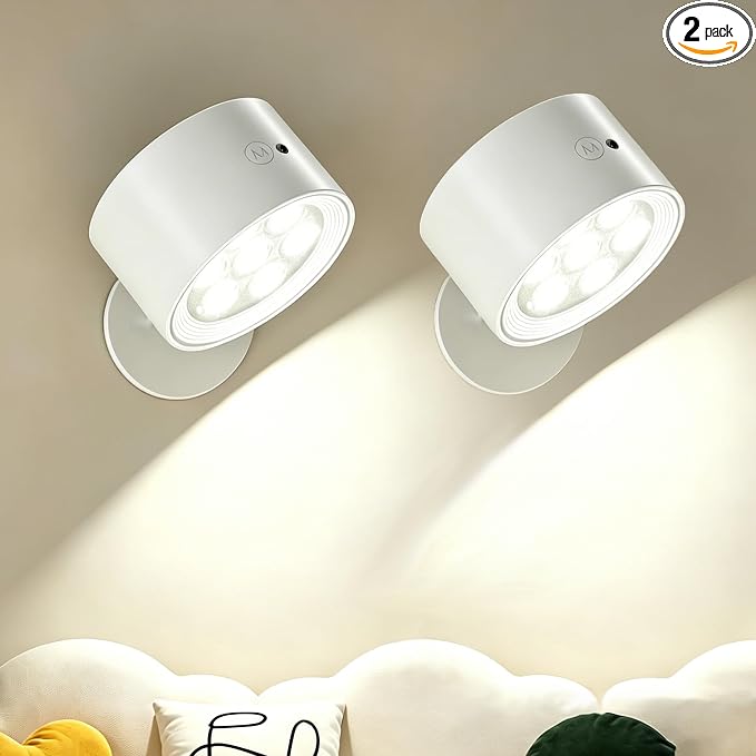 Rechargeable Wall Sconce 2 Pack, Remote & Touch Control, Dimmable | 3 Color Temps, Wireless LED Wall Lights, Magnetic Reading Light, 360° Rotating Wall Lamps for Bedroom Bedside, Living Room