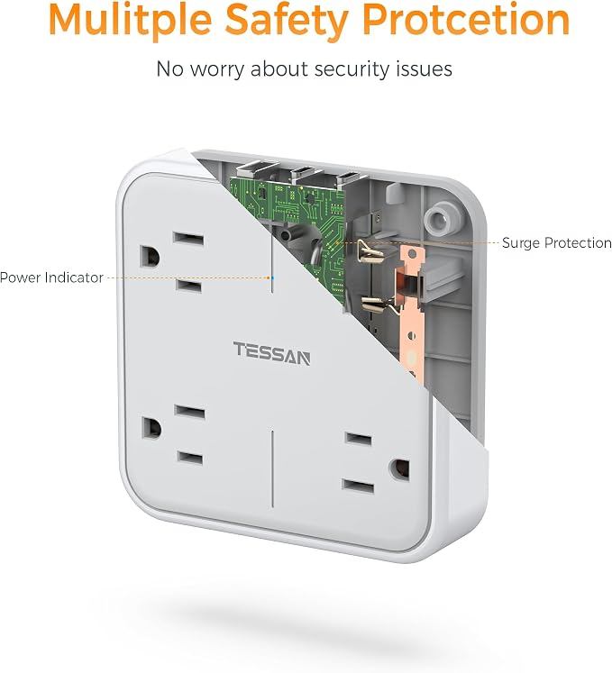TESSAN Multi Plug Outlet Extender 4 Outlet Splitter | 3 USB Wall Charging Ports (2 USB C), Wide Spaced Multiple Expander Surge Protector for Office, Home, College Dorm Room, Gray