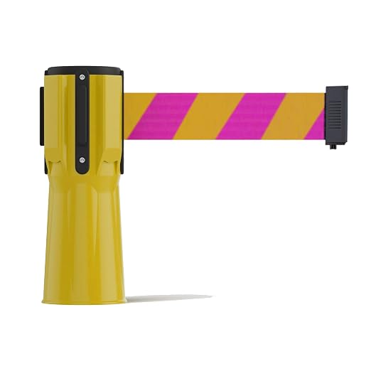 Trafford Industrial 11 Ft. Cone-Mounted Retractable Belt Barrier Yellow Case with Magenta and Yellow Diagona Belt