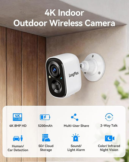 LongPlus 4K Outdoor Camera Wireless Battery Powered, WIFI6 Security Camera