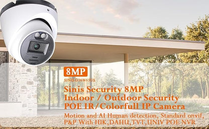 Sinis 4K 8MP PoE Camera, Full Metal Turret Security IP Camera Outdoor Indoor Wired, AI Human Motion Detection, 100FT Smart Dual Light Color Night Vision, Built-in Mic, Waterproof, Work with NVR