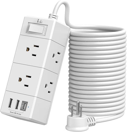 20Ft Extension Cord Flat Plug Power Strip - Tcstei 3-Side Outlet Extender with 6 AC Outlets and 3 USB Ports (1 USB C), Compact for Home, Office, Dorm Room Essentials, White