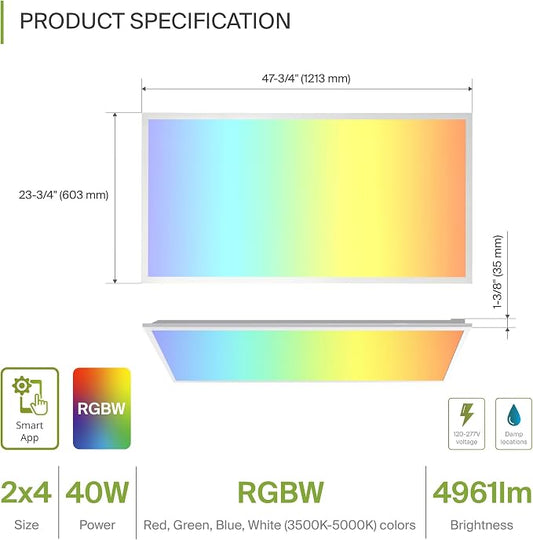 ASD 2 Pack 2x4 Smart RGBW LED Flat Panel Light - 40W UL | 4961LM 3500K 4000K 5000K Selectable Dimmable 2x4 LED Drop Ceiling Light Fixture | RGB Lights WiFi App Controlled Alexa & Google Assistant