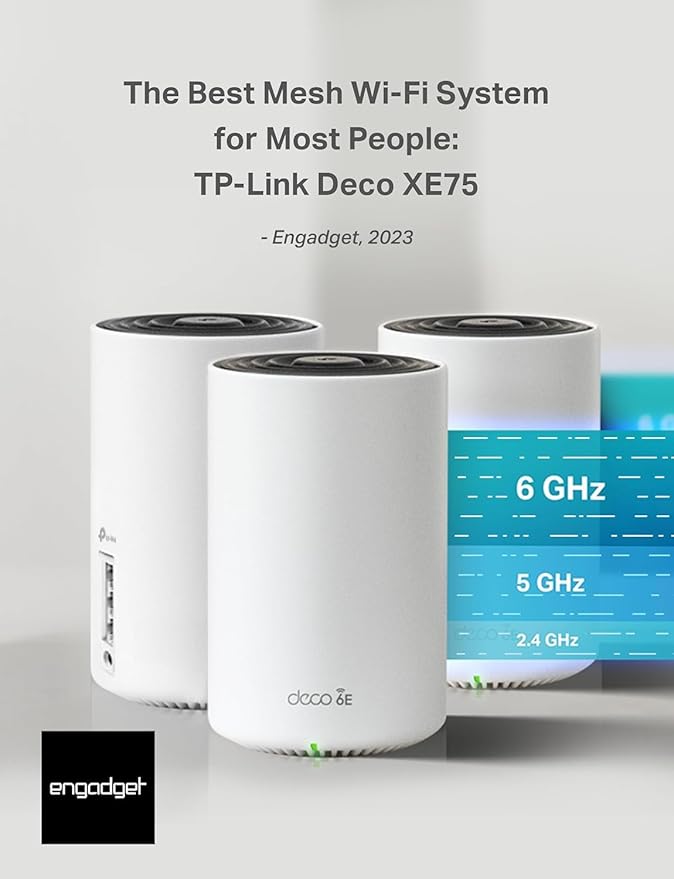 TP-Link Deco XE75 AXE5400 Tri-Band WiFi 6E Mesh System - Wi-Fi up to 7200 Sq.Ft, Engadget Rated Best Mesh for Most People, Replaces WiFi Router and Extender, AI-Driven Mesh New 6GHz Band, 3-Pack