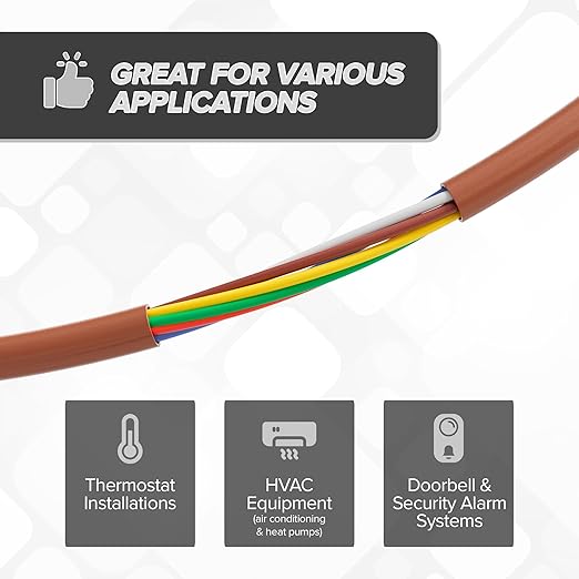THE CIMPLE CO 18/8 Thermostat Wire 10 FT - Insulated Solid Copper Wiring for HVAC, Furnaces, Video Doorbells, Alarms, Lighting, Smart Thermostats - 18 Gauge, 8 Conductor - 10 Feet (3 Meters), Brown