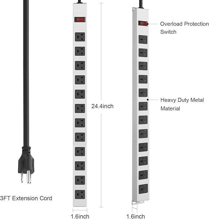 JUNNUJ Metal 12 Outlet Power Strip, Mountable Heavy Duty Power Strip, 1200J Surge Protector Wall Mount Screws Outlet with Switch, Gaming Desk Strips Wide Spaced 15A 125V 1875W, 3 FT 14AWG Power Cord