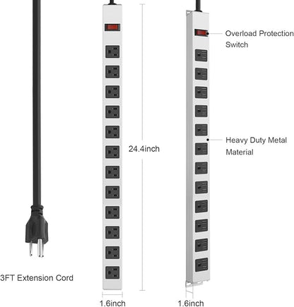 JUNNUJ Metal 12 Outlet Power Strip, Mountable Heavy Duty Power Strip, 1200J Surge Protector Wall Mount Screws Outlet with Switch, Gaming Desk Strips Wide Spaced 15A 125V 1875W, 3 FT 14AWG Power Cord