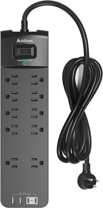 Addtam Power Strips with Surge Protection, 6FT Extension Cord with Multiple Outlets, Surge Protector Power Strip with 10 Outlets and 4 USB Ports(2 USB C), Flat Plug, 2700J, Black