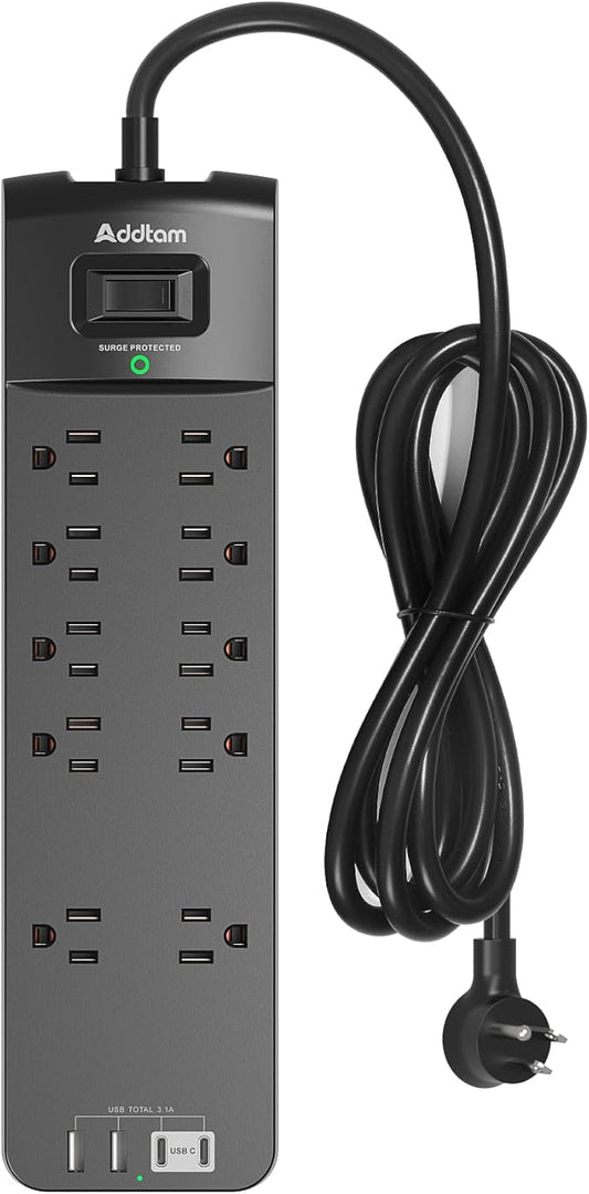 Addtam Power Strips with Surge Protection, 6FT Extension Cord with Multiple Outlets, Surge Protector Power Strip with 10 Outlets and 4 USB Ports(2 USB C), Flat Plug, 2700J, Black