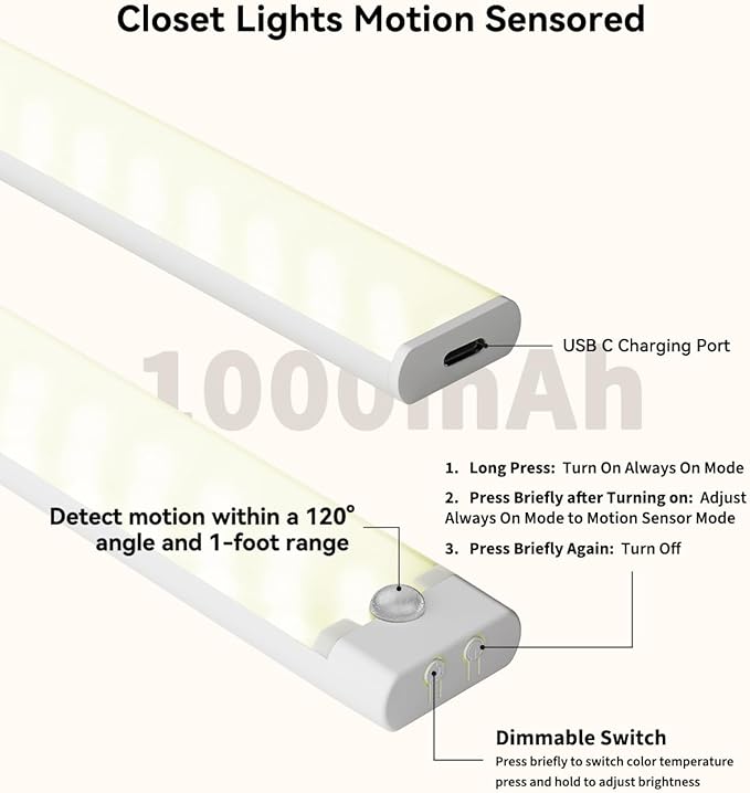 12 Inches Under Cabinet Lighting 3 Packs, Rechargeable Motion Sensor Light Indoor, 3 Color Temps, Dimmable Closet Light Stick on, Under Counter Lights for Kitchen