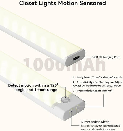 12 Inches Under Cabinet Lighting 6 Packs with 1 Charging Station, Rechargeable Motion Sensor Light Indoor, 3 Color Temps, Dimmable Closet Light Stick on, Under Counter Lights for Kitchen