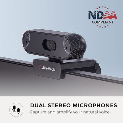 AVerMedia PW310P Webcam - Full 1080p 30fps HD Camera with Autofocus and Dual Stereo Microphones, Work from Home, Remote Learning - NDAA Compliant