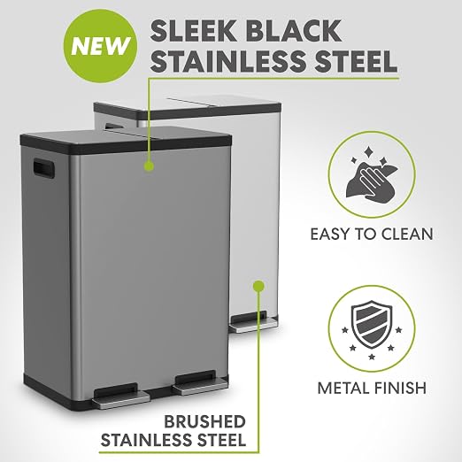 Simpli-Magic 16 Gallon (60L) Elegant Black Step Trash Can – Dual Compartment Kitchen Garbage Can with Waste & Recycling Bins – Slow-Close Lid, Odor Control, Hands-Free, Premium Stainless Steel