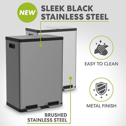 Simpli-Magic 16 Gallon (60L) Elegant Black Step Trash Can – Dual Compartment Kitchen Garbage Can with Waste & Recycling Bins – Slow-Close Lid, Odor Control, Hands-Free, Premium Stainless Steel