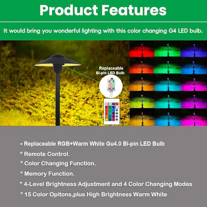 RGB T3 G4 Bi-pin LED Bulbs 12V Color Changing, Warm White+15 Multicolors and 4-Level Brightness on Remote Control for Outdoor Low Voltage Landscape Lighting