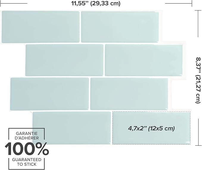 Smart Tiles Peel and Stick backsplash, Subway Pale Aqua, 11.55"x8.38" | Pack of 5 (2.8 sq ft), Glossy, Heat/Moisture Resistant, Low VOC, Kitchen/Bathroom, Renter Friendly, Made in Canada