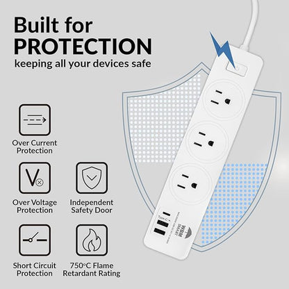WBM Smart Power Strip 5.9 ft 10 A - Extention Cord Socket, Pack of 2 with 2 USB Ports and 1 Type C Plug, Multi Outlet Extender for Home, Office and Dorm Room