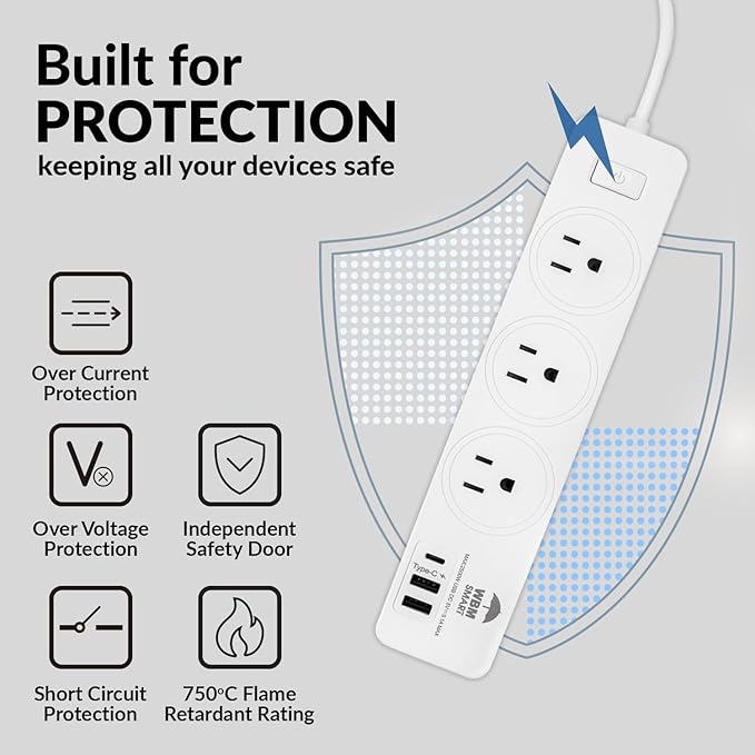 WBM Smart Power Strip 5.9 ft 10 A, Extention Cord Socket with 2 USB Ports and 1 Type C Plug, ETL Certified, Multi Outlet Extender for Home, Office, and Dorm Room