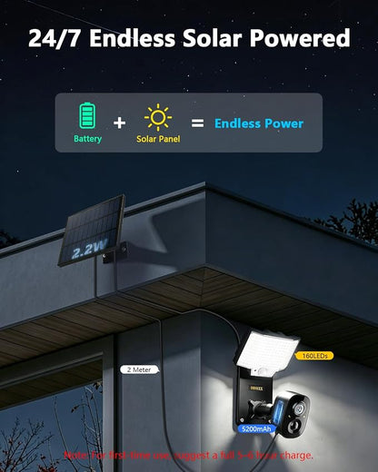 Solar Security Camera with Bracket & Spotlight, Smart Lighting Modes, 4MP Color Night Vision, PIR Detection, 2-Way Audio, 2.4G/5G WiFi, Outdoor Solar Battery Cameras for Home Security, Remote Control