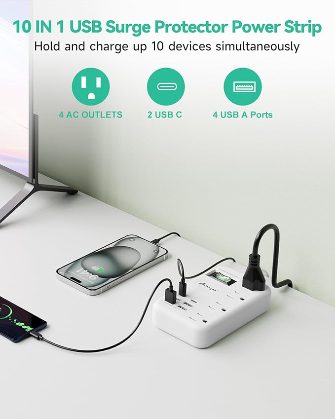 Alitayee 6 USB(2 USB C) Surge Protector Power Strip- Travel Power Strip with 24W USB Charging Station and 4 Extendable Outlet Extender, 6Ft Flat Extension Cord with Wall Mounted for Travel Home Dorm