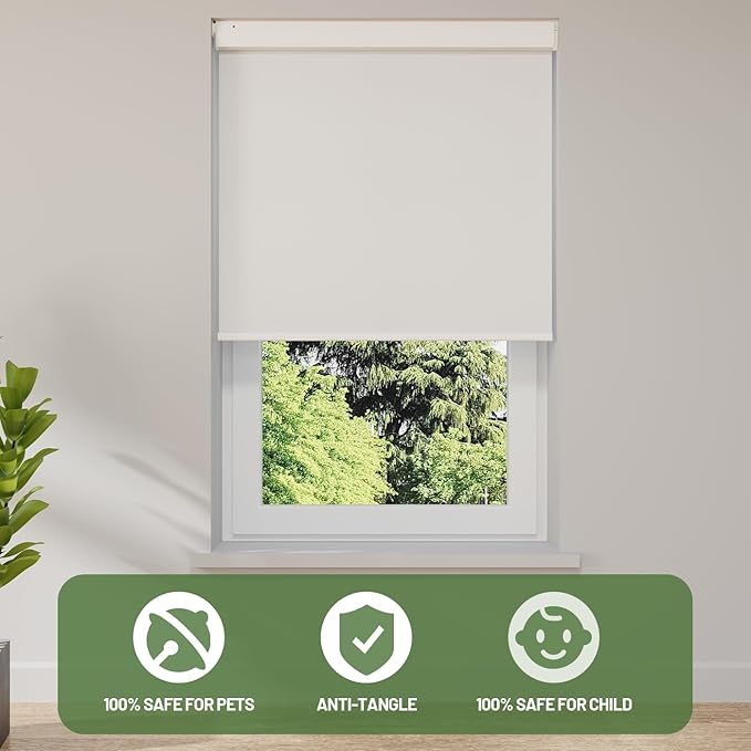 Motorized Blinds with Remote, Blackout No Drill Cordless Smart Roller Shades, Automatic Blinds for Windows, White,29" W x 72" H
