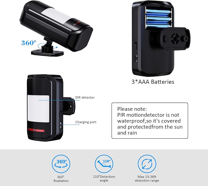 Wireless Motion Sensor Alarm Indoor, METAK 1 PIR Detector 1 Receiver,Black | Movement Activated Doorbell Chime for Home Doorway/Business Entry/Garage Security/Store Entrance,Pet/Elderly/Dementia Monitor