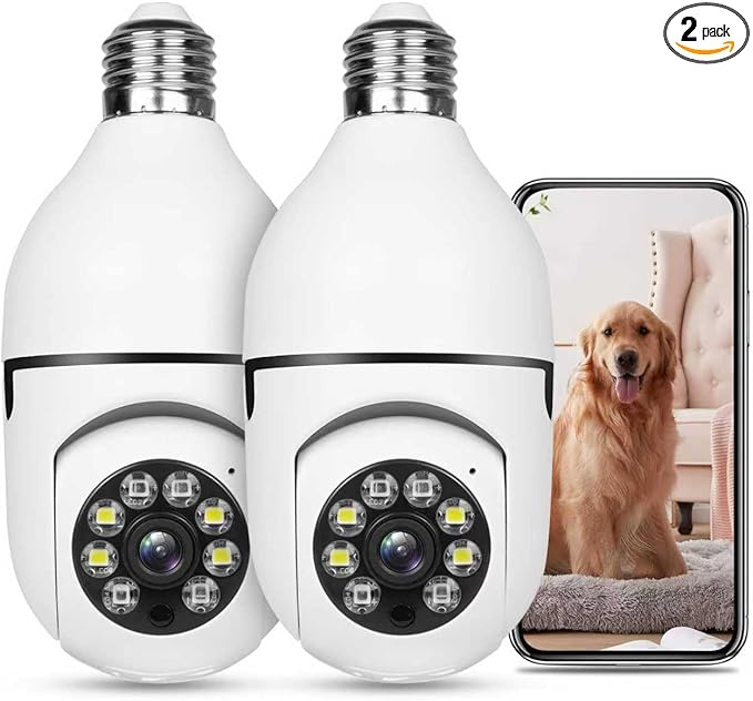 Light Bulb Security Camera HD Pan Tilt Wireless 360 Degree Floodlight Night Vision 5Ghz with Floodlight Human Motion Detection and Alarm 2pack