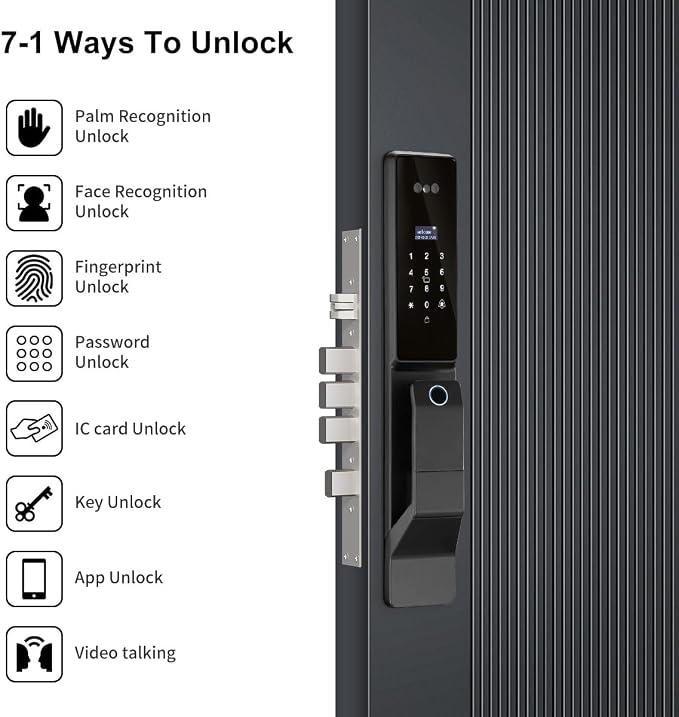 3D Facial Recognition Smart Door Lock with Palm Vein Recognition, 8-in-1 Keyless Entry System, High-Definition Video Screen, Fingerprint, Ic Card, App-Based Remote Unlocking, Wi-Fi, Auto-Lock