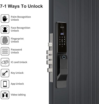 3D Facial Recognition Smart Door Lock with Palm Vein Recognition, 8-in-1 Keyless Entry System, High-Definition Video Screen, Fingerprint, Ic Card, App-Based Remote Unlocking, Wi-Fi, Auto-Lock