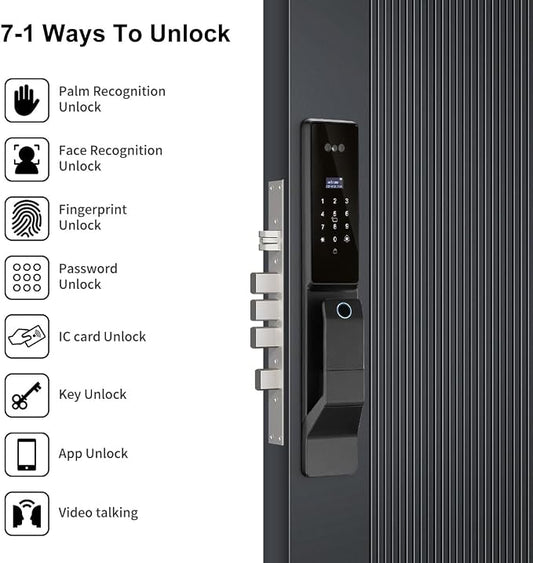 3D Facial Recognition Smart Door Lock with Palm Vein Recognition, 8-in-1 Keyless Entry System, High-Definition Video Screen, Fingerprint, Ic Card, App-Based Remote Unlocking, Wi-Fi, Auto-Lock