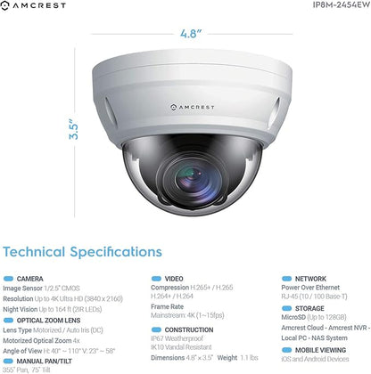 Amcrest UltraHD 4K Varifocal PoE Dome Outdoor Security Camera, 4K (8-Megapixel) 3840x2160P, 164ft Night Vision, 4X Optical Zoom, Motorized Varifocal Lens 58°-110°, White (REP-IP8M-2454EW) (Renewed)