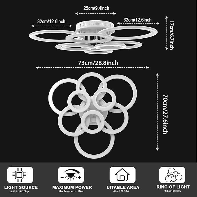 120W 9 Ring Flush Mount Ceiling Light Dimmable for Living Dining Bedroom | Remote & Smart App, 2800K-7000K Dimmable, Modern Ceiling Lamp for Indoor Home Decoration