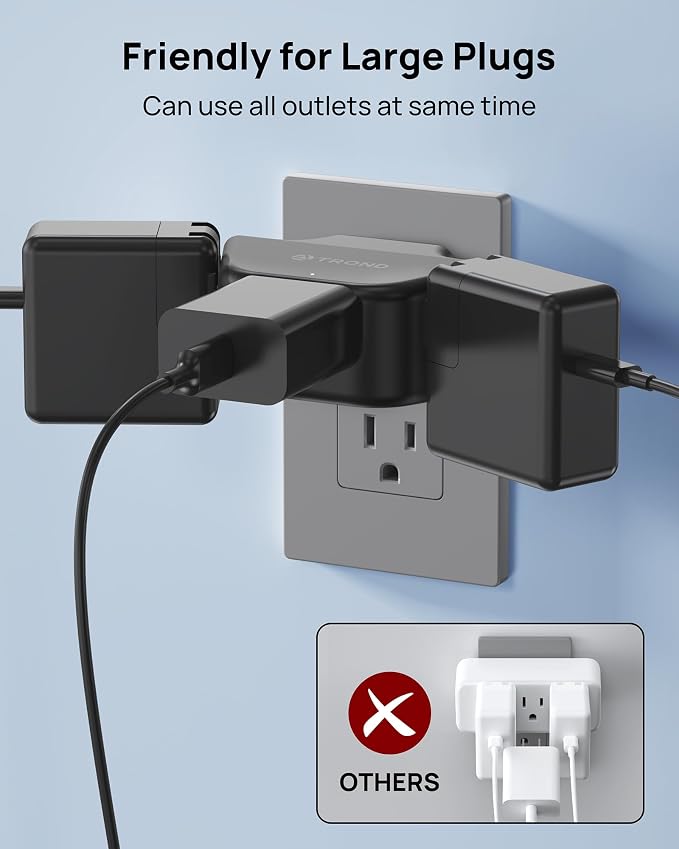 TROND 360 Rotating Plug Outlet Extender for Bathroom Kitchen, Black | Outlet Splitter with 3 Grounded Sockets, No Blocking with 3 Way Angled Design, Small Multi Plug Adapter for Home Office